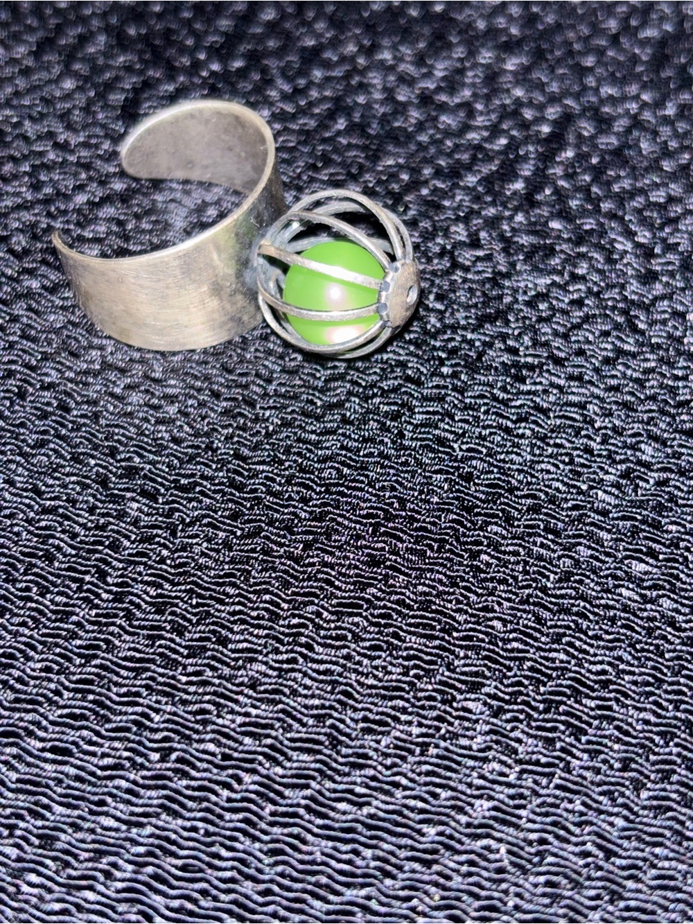 Vintage Adjustable Silver Cage Ring with Green Moonglow Lucite ball